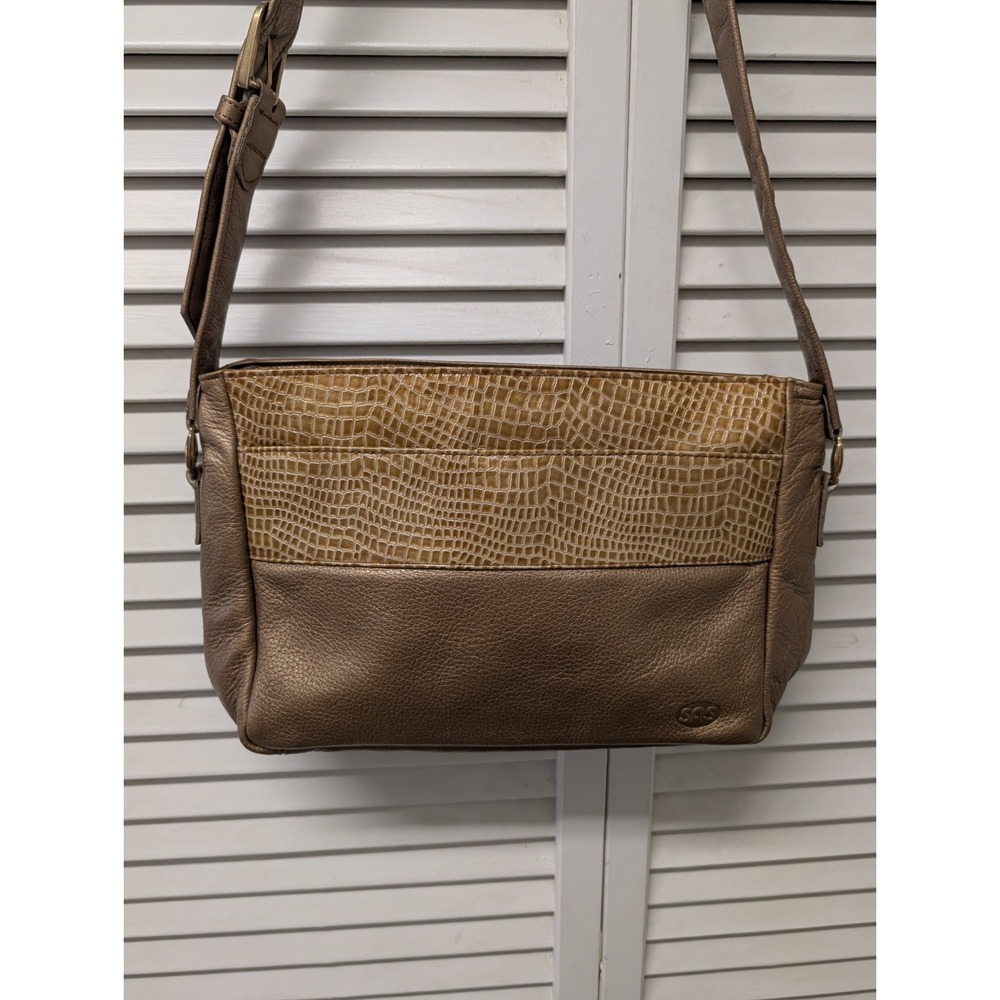 Vintage SAS Metallic Bronze Brown LEATHER CROSSBODY w/Croc Trim Shoulder Bag USA